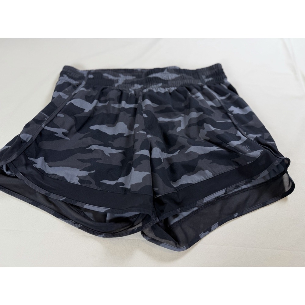 Athleta Women's M Black Camo Running Shorts Mesh Edges Vented 4 Inch Inseam